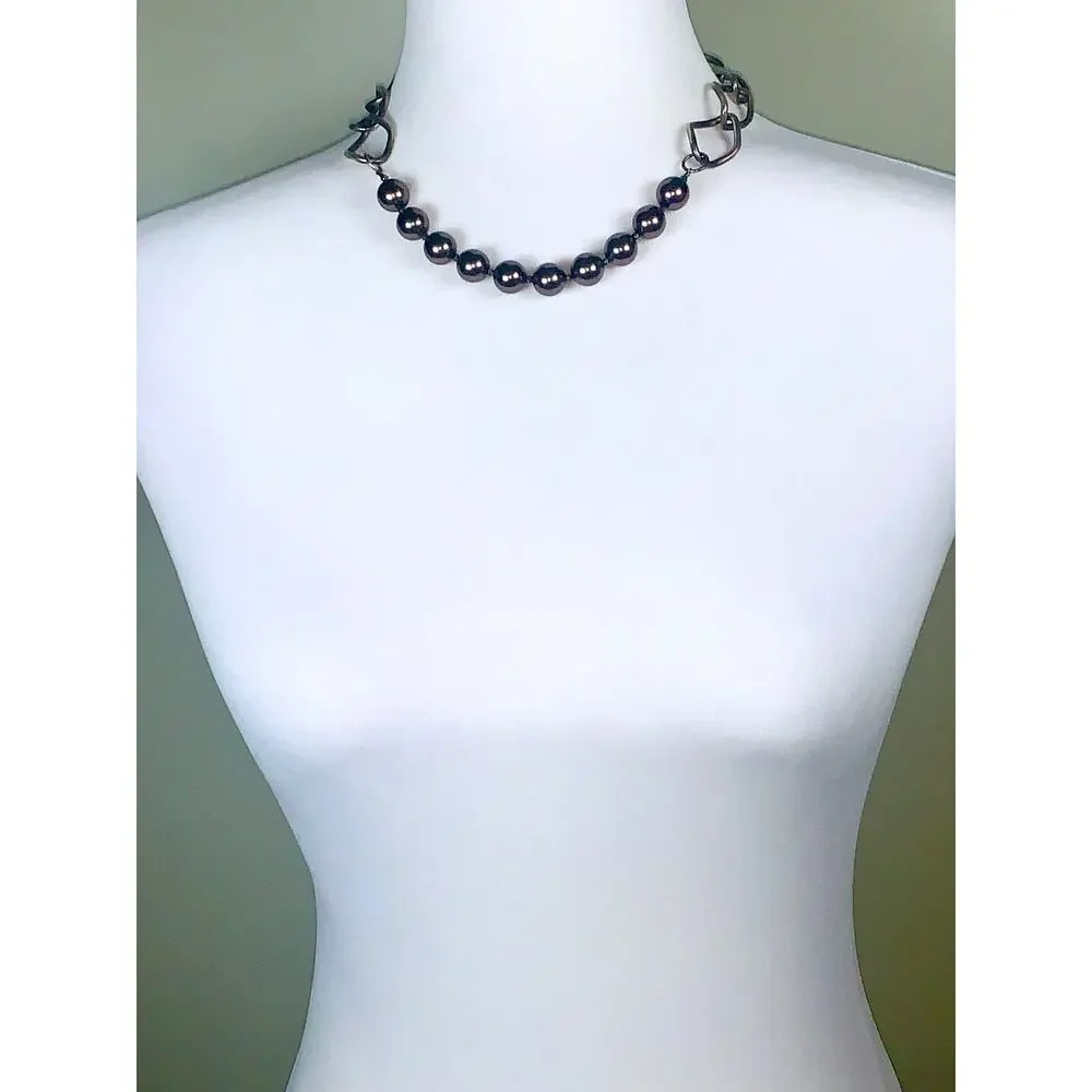 Vintage Silver Tone Faux Tahitian Pearl Statement Necklace EUC